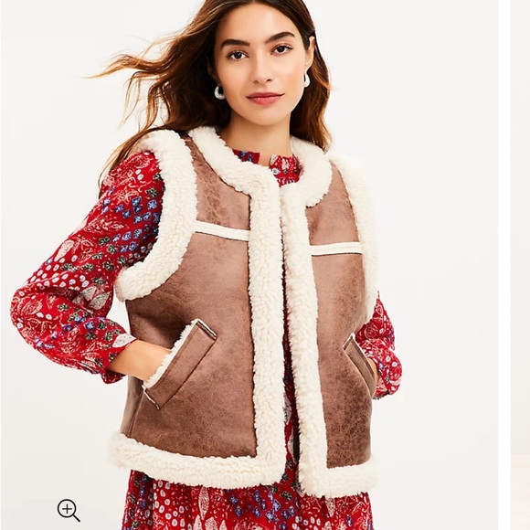 LOFT Brown Crackle Faux Leather Shearling Pocket Vest Open Front Plus Size XXL - Picture 3 of 7